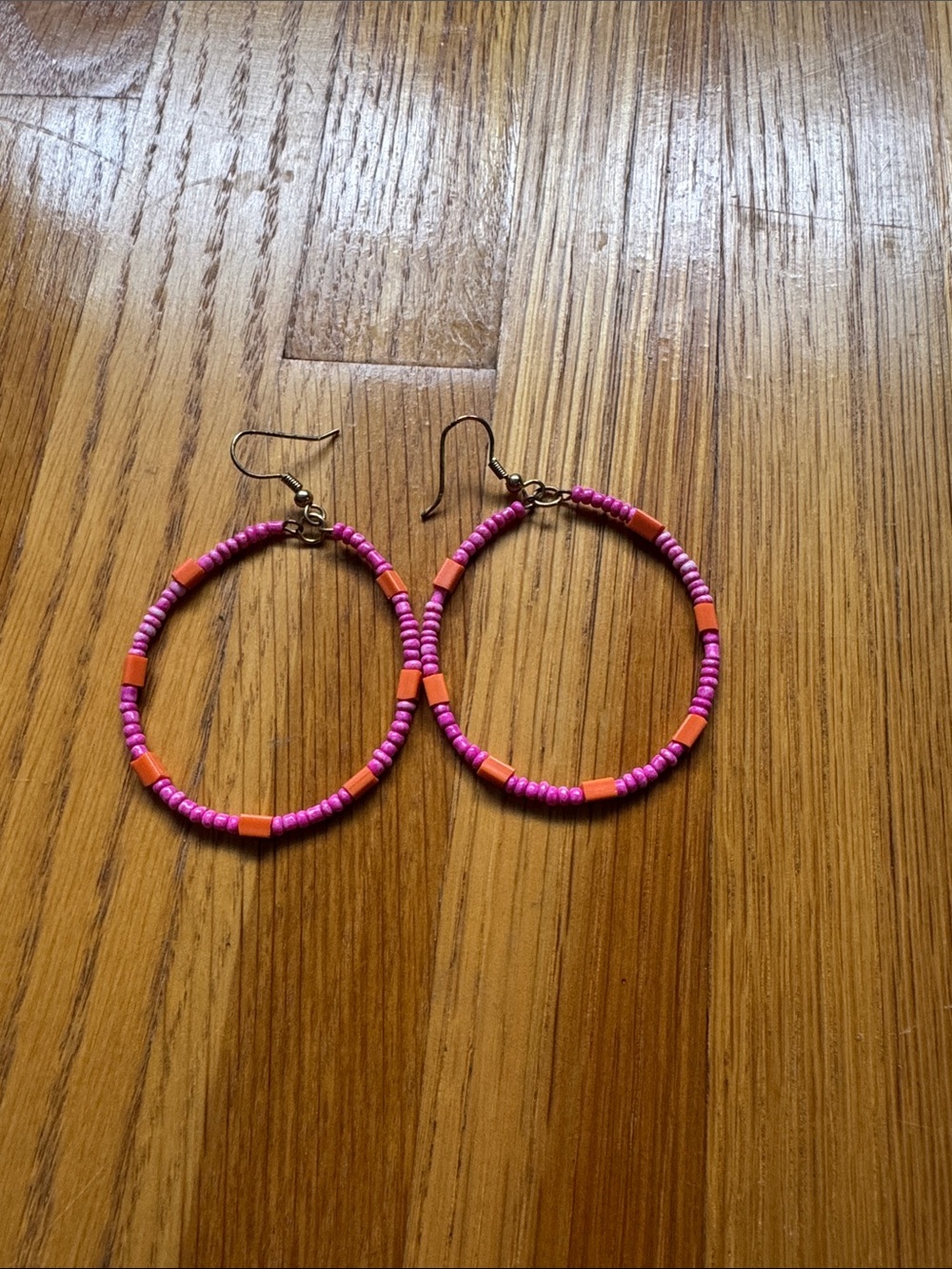 Vibrant Pink & Orange Beaded Hoop Earrings